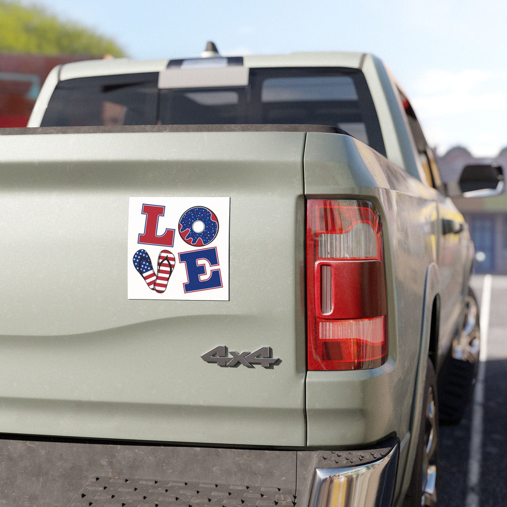 Patriotic LOVE Car Magnet – American Flag Flip-Flop & Donut Design