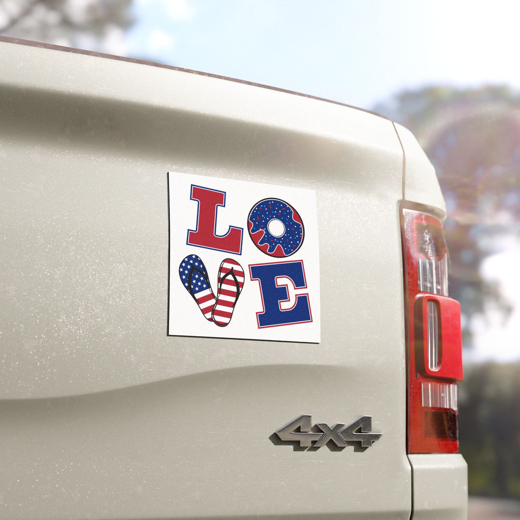 Patriotic LOVE Car Magnet – American Flag Flip-Flop & Donut Design
